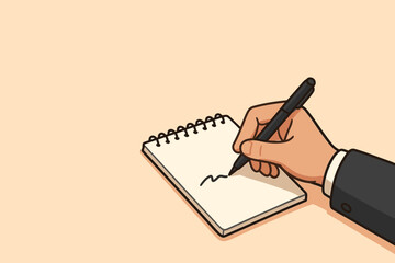 Businessman hand writing notes in a spiral notebook with a pen. Concept of business meeting, planning, journaling, or taking minutes. Vector illustration with copy space for text.
