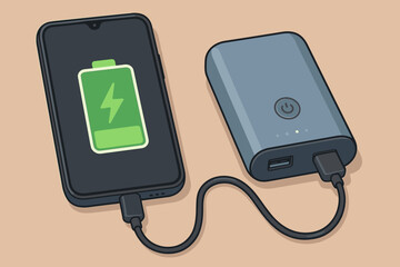 Modern smartphone charging with portable power bank. Vector illustration of mobile device connected to external battery charger via USB cable. Portable energy, emergency charging concept