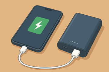 Modern smartphone charging with portable power bank battery charger, USB cable connection, mobile device energy supply, cartoon vector illustration, technology concept, no text, wood table