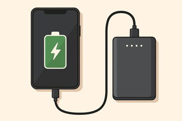 Modern smartphone charging with portable power bank, battery icon, USB cable connection, external charger, mobile device energy, flat vector illustration, technology concept