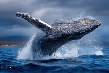 Obraz premium Majestic humpback whale breaching in the ocean during a sunny day near tropical coast