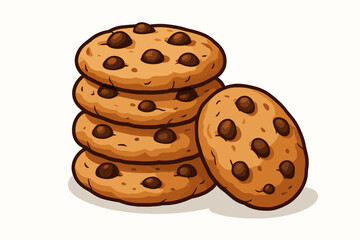 Delicious chocolate chip cookies stack. Vector cartoon illustration of homemade cookies with chocolate chips, stacked on white background with soft shadows. Bakery, dessert, snack, sweet food concept