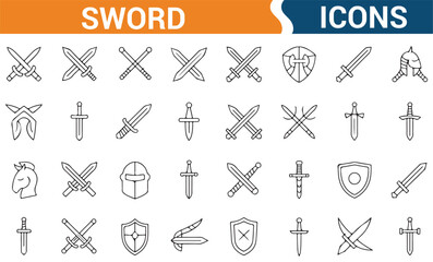 Sword and shield vector icons representing medieval weapons, armor, and warriors for combat and fantasy designs.