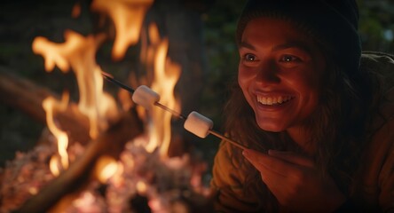 Happy woman roasting marshmallows on a stick by a campfire at night