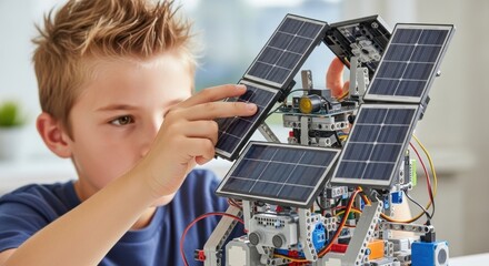 Caucasian young boy building solar-powered robot with electronics and solar panels