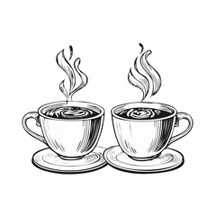 Two Cups Of Hot Steaming Coffee Image Vector Isolated on white background.