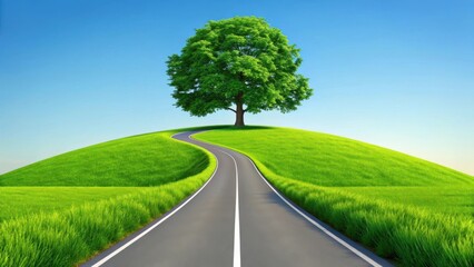 A winding road leads to a lush green tree on a grassy hill