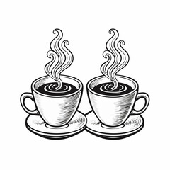 Two Cups Of Hot Steaming Coffee Image Vector Isolated on white background.