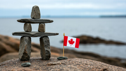 Inukshuk stone landmark with a Canadian flag on a rocky coast. Symbol of Canada and Indigenous culture.