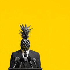 Pineapple politician,  surreal public speech concept . Image of a man in a pinstripe suit standing at a podium with multiple microphones, but with a pineapple instead of a human head.