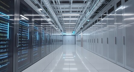 Inside a modern data center rows of server racks with glowing lights and hightech infrastruct