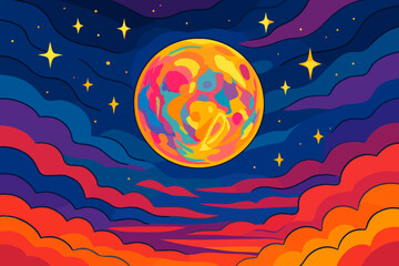 Vibrant abstract full moon with colorful clouds and glowing stars in surreal sunset night sky. Psychedelic vector illustration, dreamy cosmic landscape, fantasy celestial background, no text.