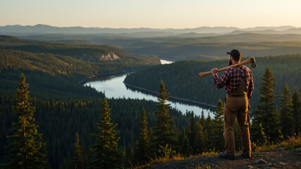 Lumberjack with an axe overlooking a river valley at sunrise. Rugged Canadian wilderness and the spirit of the outdoorsman. Horizontal banner with copy space for text. Masculinity concept.