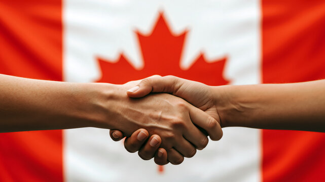 Handshake in front of a Canadian flag. Business, agreement, and unity in Canada concept. Trust and partnership in Canada. - Powered by Adobe