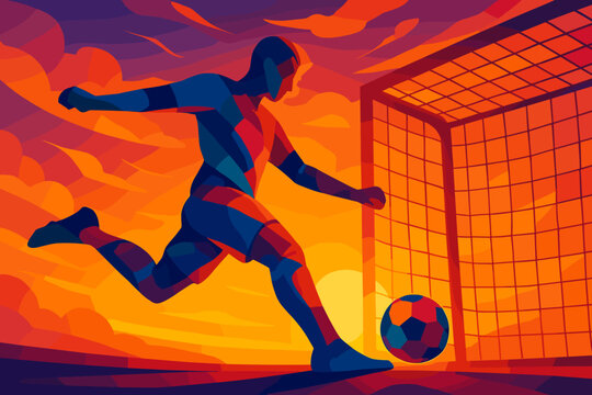 Dynamic abstract soccer player silhouette kicking ball toward goal at vibrant sunset. Colorful vector illustration. Football action, sports concept, energy, competition, dramatic sky background