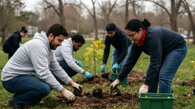 Group of diverse volunteers working together to plant maple trees. Environmentalism and community action concept.
