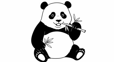 Fototapeta premium Cute Black and White Panda Sitting Eating Bamboo Illustration