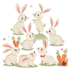 Obraz premium Cute Cartoon Rabbits Illustration, Seven White Bunnies Gathering, Isolated on Transparent Background, Digital Painting, Spring, Easter, Rabbit, Bunny, Springtime