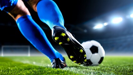 Soccer player kicking the ball on a green field at the illuminated stadium