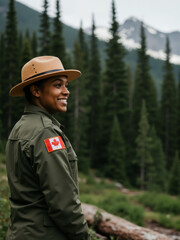 Fototapeta premium Smiling Black woman park ranger in a Canadian forest. Portrait of a female conservation officer.