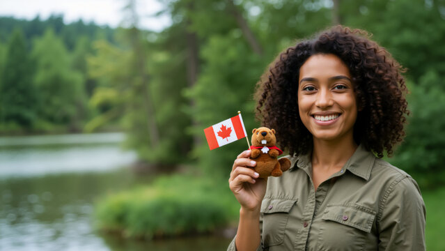Smiling woman holding a Canadian flag and a beaver toy by a lake. Canadian tourism and culture concept. Canada day banner.