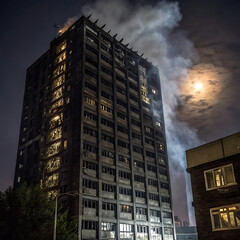 Burned-out skyscraper smoldering under moonlight