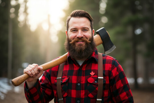 Smiling bearded lumberjack with an axe on his shoulder. Canadian woodsman portrait. Canada day. Canadian man.