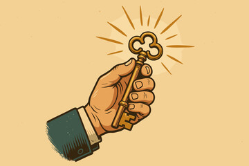Vintage hand holding ornate golden key with radiant light burst, symbolizing business success, opportunity, solution, leadership, unlocking potential, achievement, vector cartoon illustration
