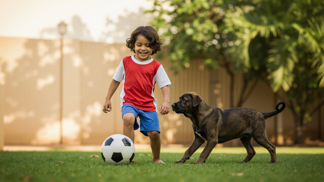 Smiling young hispanic boy playing soccer with his brindle puppy in the backyard. Child and dog having fun with a football on a green grass lawn. - Powered by Adobe
