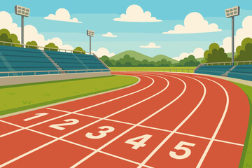 Vibrant athletic running track with numbered lanes in an outdoor stadium, grandstands, and sky. Vector cartoon illustration of sports competition, training, and fitness.