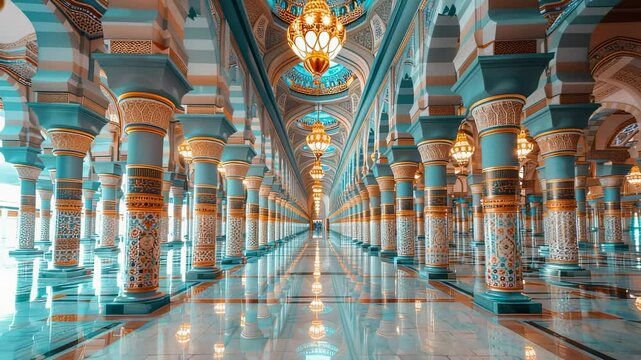 Ornate mosque interior with symmetrical columns and hanging lanterns, creating a sense of depth and grandeur