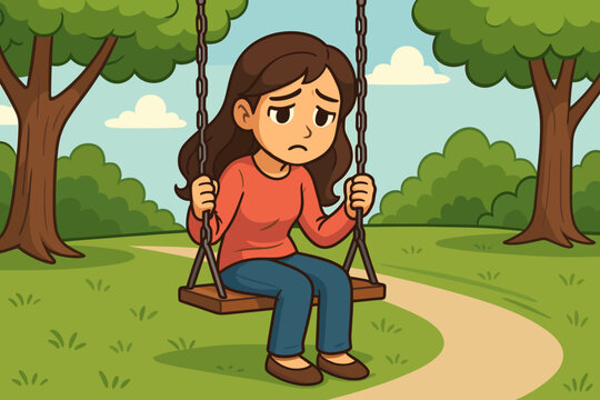 Lonely woman sitting on swing in peaceful park, solitude, relaxation, sadness, missing loved one, emotional moment, cartoon vector illustration, outdoor nature scene, trees, path, casual clothing