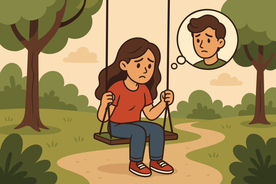 Lonely woman sitting on swing in park thinking of boyfriend. Sadness, nostalgia, missing loved one, emotional longing, solitude, romantic relationship, cartoon vector illustration, outdoor scene