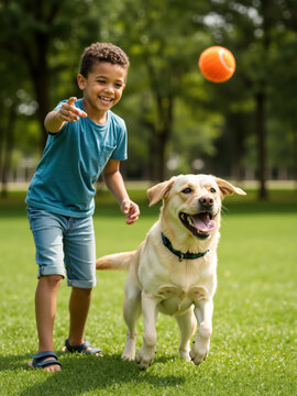 Happy Black boy throwing a ball for his Labrador dog in a park. Child playing fetch with his pet on a sunny day. For pet store advertising, healthy and happy pet concept.