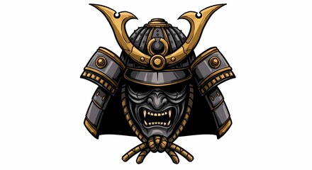 Dramatic Black and Gold Samurai Helmet with Fierce Mask in Artistic Style