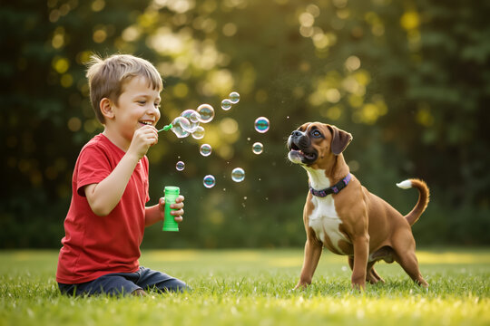 Smiling boy blowing bubbles for his excited Boxer dog. Child and pet playing a fun game in a grassy park.