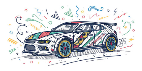 Doodle Race Car, Colorful Design, Isolated on Transparent Background, Racecar, Illustration