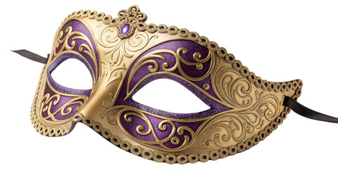 Naklejka premium Elegant Venetian Mask Gold and Purple Design, Isolated on Transparent Background, Masquerade Costume Accessory, Masquerade, Venetian Mask, Costume