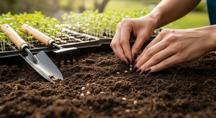 Planting seeds in fertile soil gardening tools and sprouts in background
