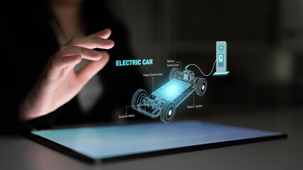 Structure of electric car showing battery system, traction motor, control units, and charging...