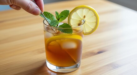 Refreshing Iced Tea with Lemon and Mint Garnish in Glass