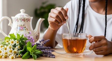 Relaxing Herbal Tea Moment with Blooming Flowers