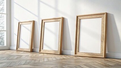 Three empty wooden frames lean against a white wall
