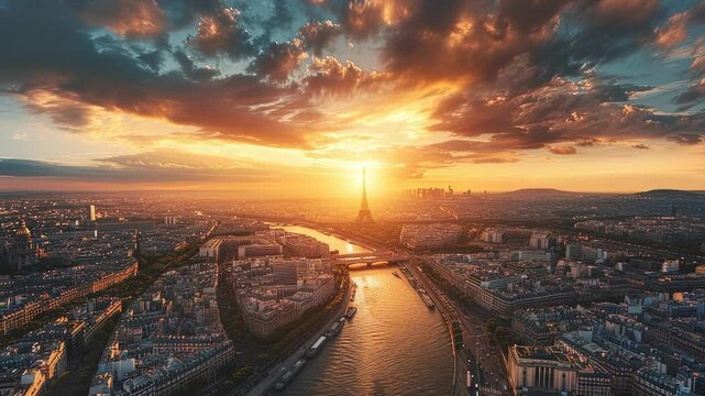 Paris skyline at sunset with Eiffel Tower, aerial view, golden light