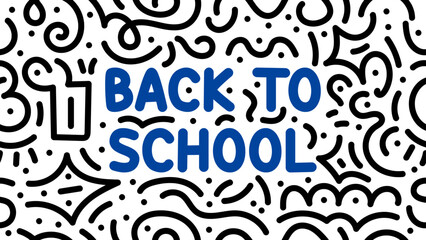 Vibrant back to school text with playful black and white doodle seamless pattern background. Vector illustration for education and learning concept.