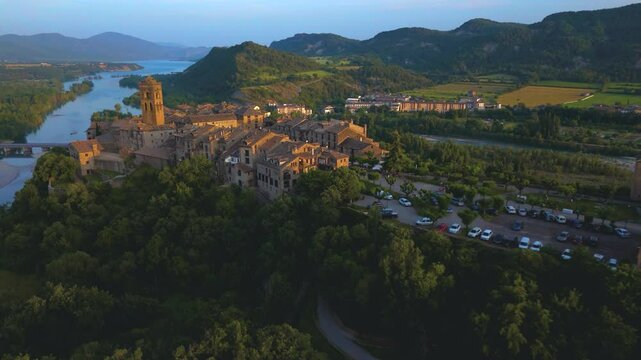 Aerial view of Ainsa, Huesca province, Aragon, Spain	
