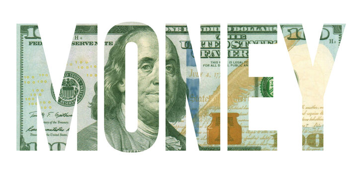 Bold Typography Design with US Dollar Texture MONEY Text Overlay with Hundred Dollar Bill Background