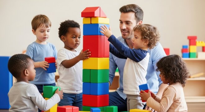 Diverse group of young children and male teacher building block tower