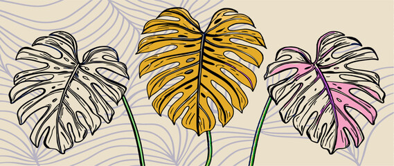 Three Monstera Leaves Illustration: Pink, Yellow, & Gray