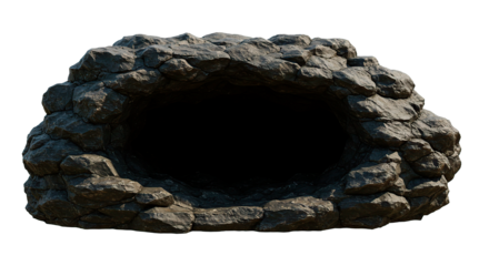 A mysterious dark cave entrance carved out of rough, gray rocks in the outdoors.